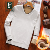吉普盾毛衣男装韩版休闲V领加绒毛衣打底衫百搭纯色针织衫 白色 3XL