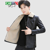 卡帝乐鳄鱼(CARTELO)皮衣 男士加绒加厚羊羔绒毛领PU皮夹克潮外套A428-913黑色XL