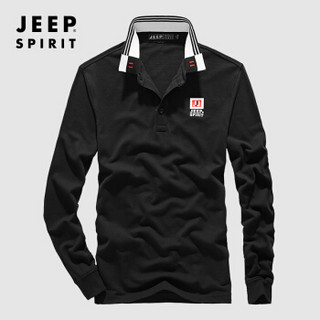 吉普JEEP 长袖T恤男POLO衫2019秋季新品翻领纯色棉质男士男装上衣RSC96035 黑色 4XL