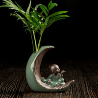 晨色 陶瓷花盆 新中式创意个性紫砂小和尚水培花瓶花器绿萝水养盆栽器皿 LZ8036 前程万里（不含绿植）