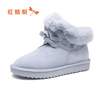 红蜻蜓（ RED DRAGONFLY ）女棉鞋平底舒适短靴蝴蝶结时尚防水台雪地靴加绒女靴 WNC90201/02/03 浅蓝色 37