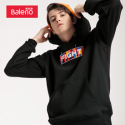 Baleno 班尼路 卫衣男 2019新款连帽纯棉刺绣拼色字母印花套头加绒外套 00A 纯黑 L
