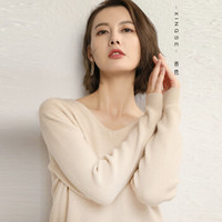 仙丫 2019秋冬季新品女装针织衫女v领时尚套头打底衫修身长袖纯色针织衫毛衣 GZHB9992007 杏色 XL