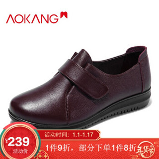 奥康（Aokang）简约舒适妈妈鞋魔术贴日常纯色平底单鞋196424051酒红色39码
