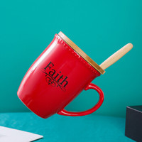 贝瑟斯 简约陶瓷喝水杯子咖啡杯牛奶杯带盖带勺大容量喝水杯 红色Faith