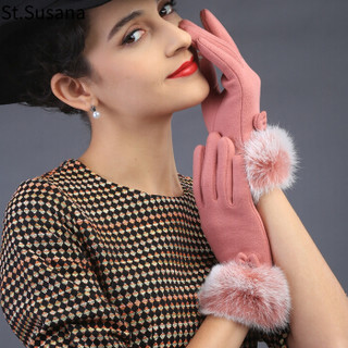 圣苏萨娜手套女冬保暖加绒防风触屏手套韩版时尚可爱蝴蝶结手套SSN506 粉色