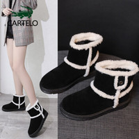 卡帝乐鳄鱼 CARTELO 雪地靴女短筒韩版拼接百搭厚底保暖加绒棉鞋 KDLQW-9003 黑色 37/235(1.5)