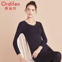 ordifen 欧迪芬 保暖内衣女19年秋冬新品薄款修身显瘦保暖女士秋衣秋裤套装V领蕾丝花边长袖保暖套装XW9114 黑色1 L