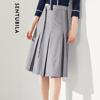尚都比拉高腰百褶半身裙女2019秋季女装新品简约A字裙通勤OL裙子 193Q1626218 深花灰 S