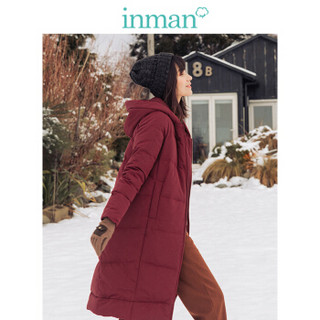 茵曼（INMAN）2019冬装新款纯色插袋袖口绣花连帽保暖长款羽绒服外套女 18941|21574 复古红 M