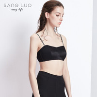 桑罗（SANGLUO）抹胸裹胸打底防走光防滑桑蚕丝文胸可拆卸吊带内衣06768100 黑色+条纹嵌条 S