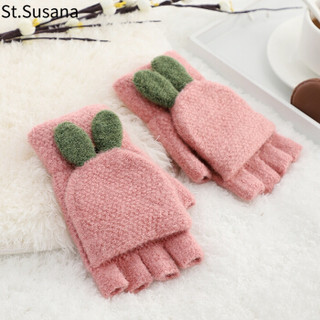 圣苏萨娜毛线手套女冬季保暖露指半指翻盖学生韩版时尚可爱女士手套SSN888 粉色