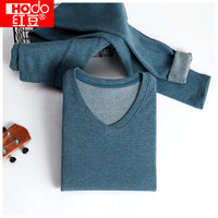 红豆居家男士V领秋衣秋裤红豆绒碳刷磨毛色纺发热保暖内衣套装 松柏绿 175/100