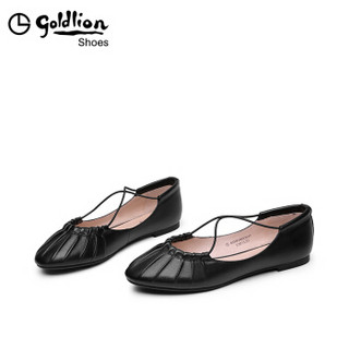 金利来（goldlion）女鞋圆头交叉绑带平底单芭蕾鞋63591002301P-黑色-36码