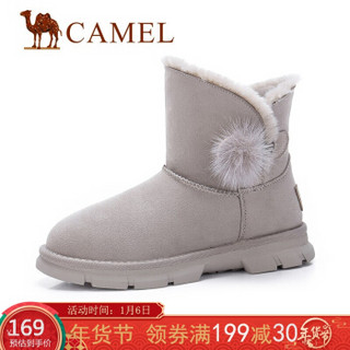 骆驼（CAMEL） 女士 俏皮可爱球饰车缝线平底短筒雪地靴 A94502641 山羊灰 36