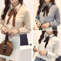 米兰茵（MILANYIN）女装2019秋冬新款女装韩版蝴蝶结OL上衣打底衬衣 NYml246 蓝色 S