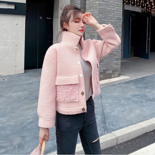 MAX WAY 女装 2019秋冬韩版新款羊羔绒毛小个子外套女卫衣开衫QDmw1018 粉红色 L