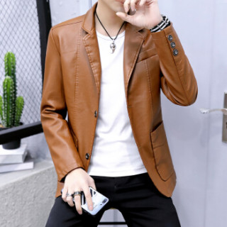 皮衣2019秋冬季新款韩版修身潮流帅气青年pu外套皮夹克男休闲 红棕色