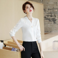 特洛曼职业衬衫女长袖纯色V领2019春秋新款西服打底衫百搭正装工装工作服白衬衣YR8015 L
