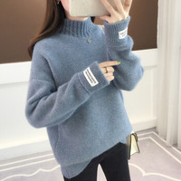 朗悦女装 2019秋季新款半高领纯色针织衫女韩版宽松套头打底衫学生毛衣 LWYC198516 蓝色 均码