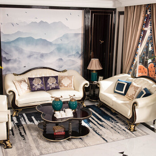 摩高空间欧式真皮沙发头层牛皮实木沙发组合客厅沙发整装轻奢雕花美式沙发1+2+3