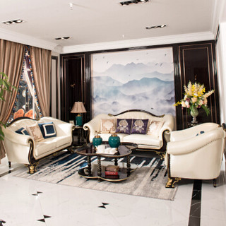 摩高空间欧式真皮沙发头层牛皮实木沙发组合客厅沙发整装轻奢雕花美式沙发1+2+3
