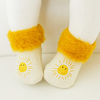 馨颂婴儿袜子三双装加厚保暖冬季宝宝袜子儿童毛绒卡通袜套装 R013F1 黄色+米色+白色 12-14(S)(0-6个月)