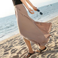 一塘晨2019秋季新款女装纯色高腰系带长款不规则飘逸半身裙 S91R0566BA81L 卡其色 L