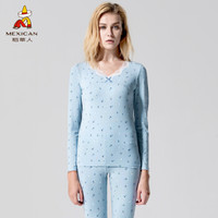 稻草人保暖内衣女士春秋薄款蕾丝V领打底棉毛衫花卉印花紧身秋衣秋裤 81879 浅蓝 M