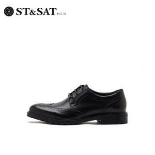 星期六男鞋（ST&SAT）头层牛皮革英伦男士商务皮鞋休闲潮鞋男 黑色 38