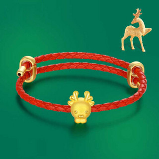 红色年轮 黄金转运珠手链女 3D硬金麋鹿皮绳手串圣诞礼物足金小鹿送女友 金重约0.91-1克
