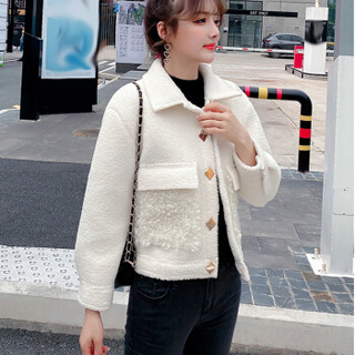 MAX WAY 女装 2019秋冬韩版新款羊羔绒毛小个子外套女卫衣开衫QDmw1018 白色 M