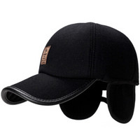 GLO-STORY 秋冬季棒球帽 男士 毛呢户外保暖护耳PU皮中老年帽子 MMZ934085 黑色