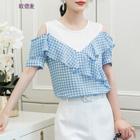 欧偲麦 格子雪纺衫女夏季荷叶边上衣短袖小衫女假两件圆领百搭韩版修身宽松时尚2018新款 1790 蓝格 XL