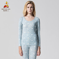 稻草人保暖内衣女士春秋季棉质薄款棉毛衫卡通印花低领秋衣秋裤套装 81877 浅灰兰 XL