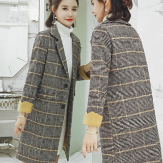 米兰茵（MILANYIN）女装2019新款冬季长袖修身格子单排扣中长款毛呢外套HZml016 黄色 XL