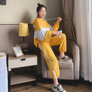 sustory 女装卫衣女2019韩版新款时尚休闲运动服学生连帽宽松秋款套装 QDsu351 黄色 XL