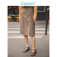茵曼（INMAN）2019秋装新款微弹粘纤混纺高腰H型显瘦优雅格纹半身长裙女 18931|11271 蓝-卡其格 M