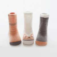 馨颂婴儿袜子三双装秋冬毛圈宝宝袜儿童中筒袜子套装 小猫咪 S(0-6个月)