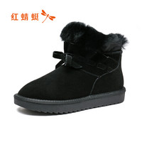 红蜻蜓（ RED DRAGONFLY ）女棉鞋平底舒适短靴蝴蝶结时尚防水台雪地靴加绒女靴 WNC90201/02/03 黑色 37