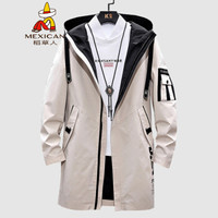 稻草人(MEXICAN)风衣男中长款连帽2019秋冬新款夹克男潮流百搭青年衣服时尚印花工装大衣外套男装 卡其 4XL