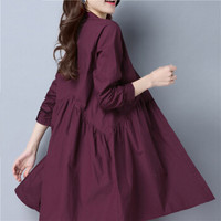一塘晨2019秋季新款女装时尚韩版纯色圆领单排扣宽松中长款衬衫 S93B4120CA23S   紫红色 S