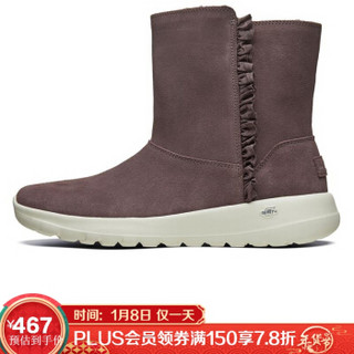 斯凯奇（Skechers）女款保暖绒毛 时尚甜美荷叶边中筒雪地靴 休闲鞋15525 灰色/棕色/QUAL 39