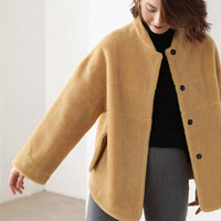 BANDALY 2019秋冬季新品女装毛呢大衣女羊剪绒短款颗粒绒外套宽松暗扣 GZHB999654 郁金黄 XL