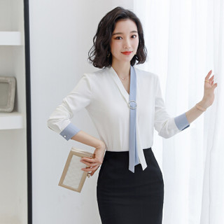 特洛曼女衬衫长袖白色V领飘带气质休闲新款上衣时尚撞色职业女装套装打底白衬衣宽松韩版不透XN6928