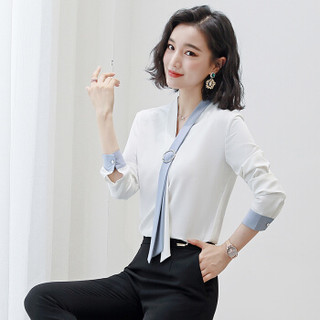 特洛曼女衬衫长袖白色V领飘带气质休闲新款上衣时尚撞色职业女装套装打底白衬衣宽松韩版不透XN6928