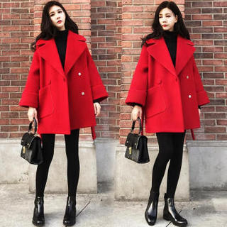 维迩旎 2019冬季新款女装新品毛呢大衣女韩版中长款小个子红色毛呢外套加厚女潮 XDD14 红色 L