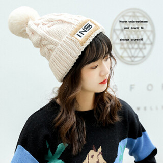 朗悦 2019冬季新款韩版加绒针织帽女加厚保暖户外毛球帽可爱毛球麻花针织帽 LPMZ19T110 米色