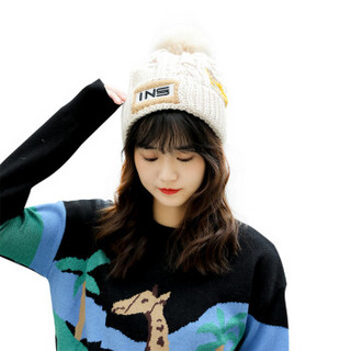 朗悦 2019冬季新款韩版加绒针织帽女加厚保暖户外毛球帽可爱毛球麻花针织帽 LPMZ19T110 米色