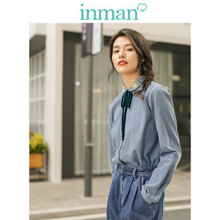 茵曼（INMAN）2019冬装新款纯棉翻领系带绣花文艺气质衬衫女 18940|11433 灰蓝色 S